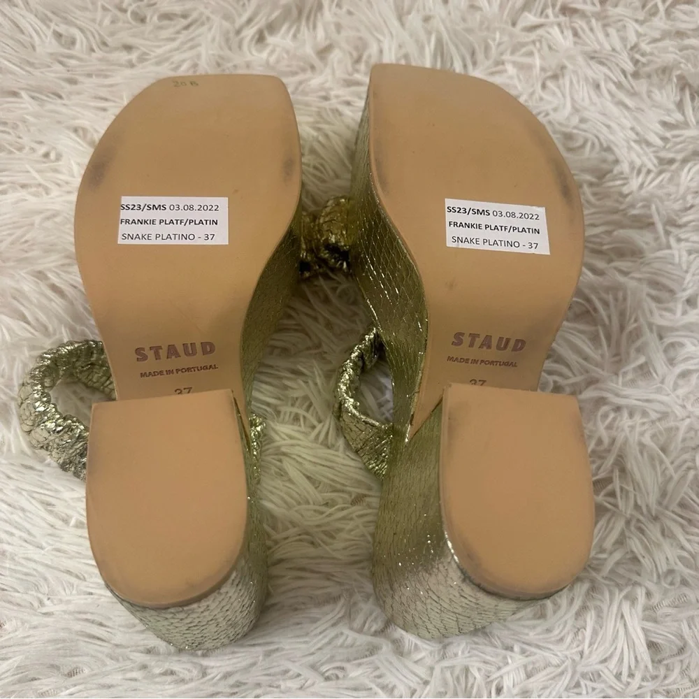 STAUD Frankie Ruched Sandals in Snake Platino Gold size 37